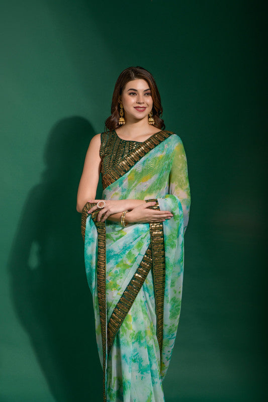 Sea Green Chiffon Saree with Delicate Sequence Embroidery and Blouse