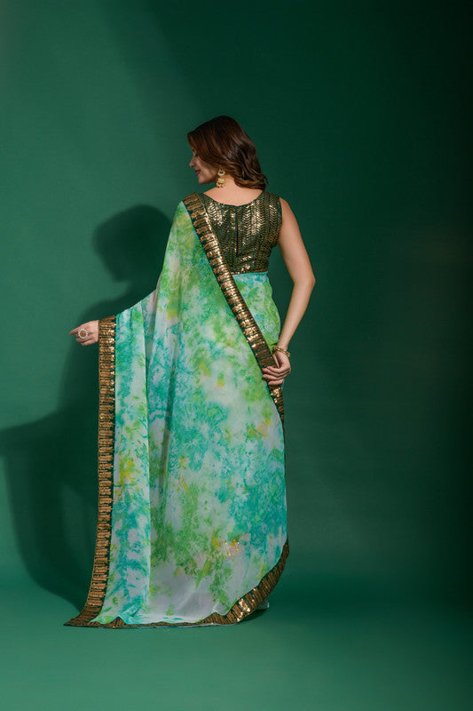 Sea Green Chiffon Saree with Delicate Sequence Embroidery and Blouse