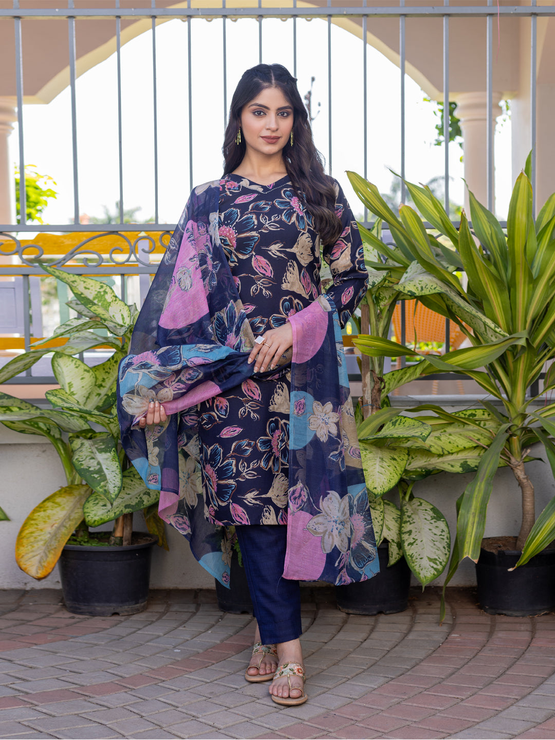 Jyoti Fashion Women's Navy Blue Cotton Blend Printed Designer Kurta Set with Dupatta