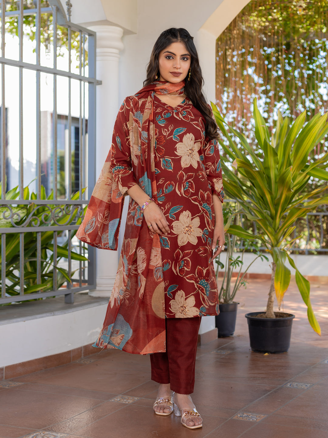 Jyoti Fashion Women's Rust Cotton Blend Printed Designer Kurta Set with Dupatta