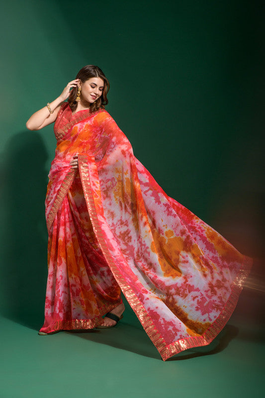 Gajri Chiffon Saree with Sequence Embroidery and Blouse