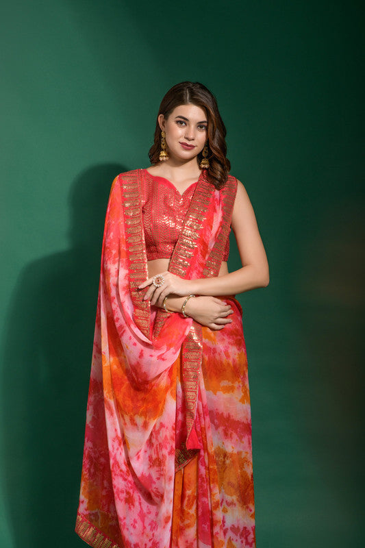 Gajri Chiffon Saree with Sequence Embroidery and Blouse
