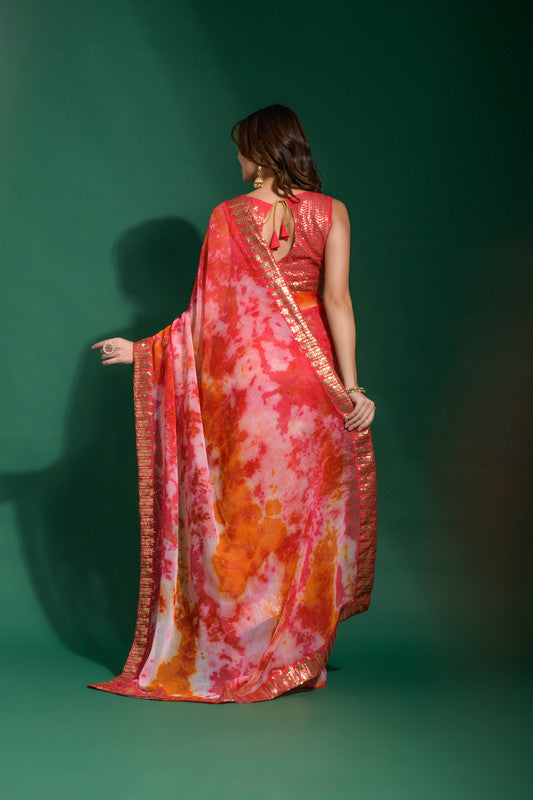 Gajri Chiffon Saree with Sequence Embroidery and Blouse