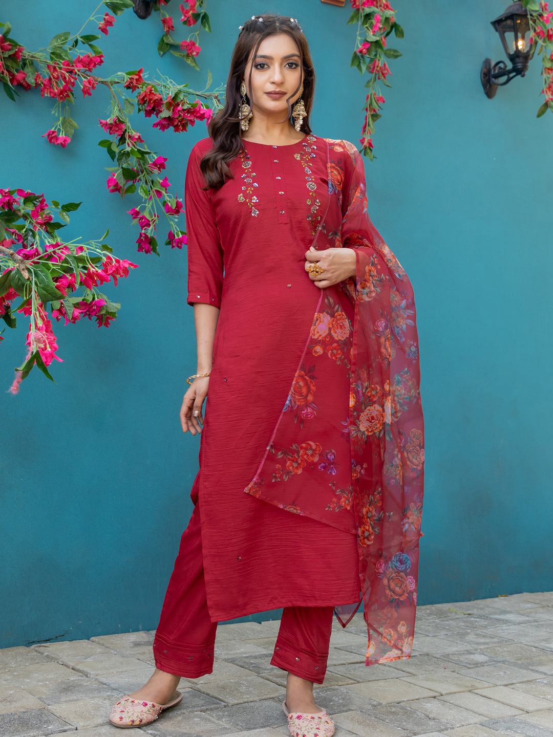 Jyoti Fashion Women's Maroon Silk Handwork Designer Kurta Set with Dupatta