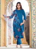 Close up of a Morpich silk kurta set with detailed handwork and matching dupatta.