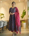 Navy blue printed rayon kurta set with matching dupatta