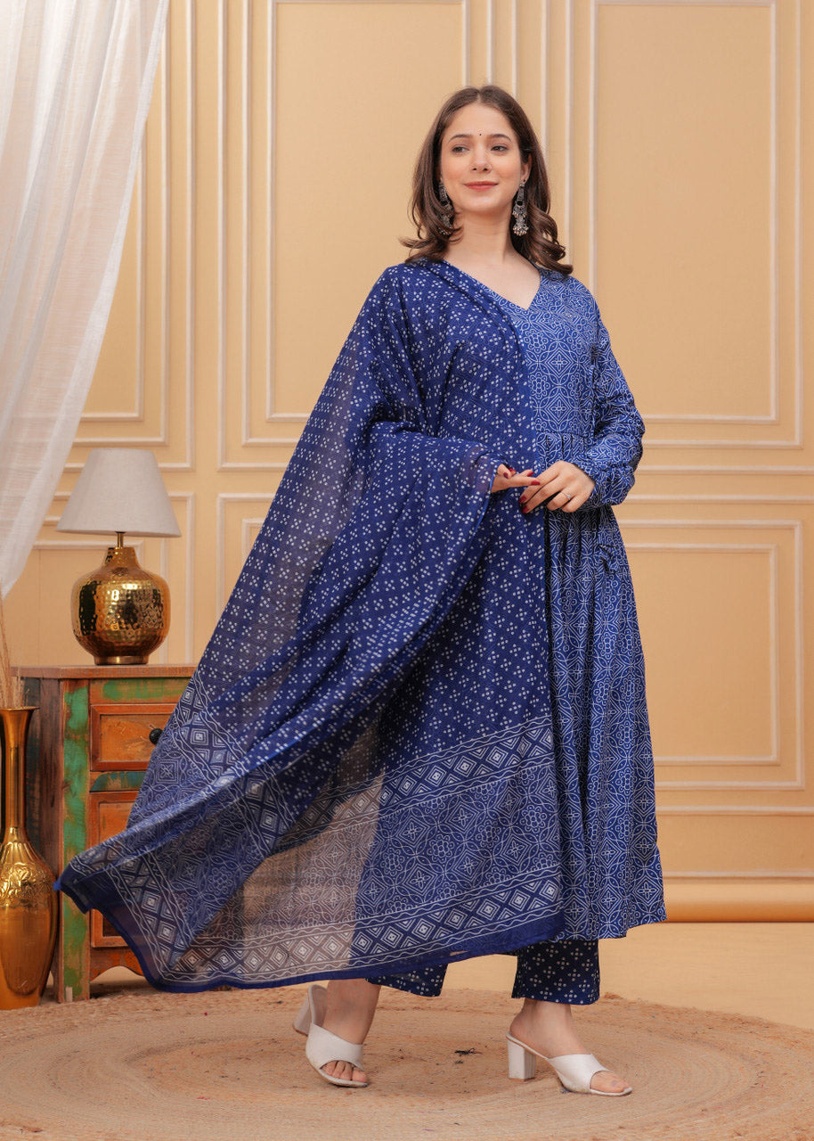 Women's Blue Rayon Printed Straight Kurta Set with Matching Dupatta