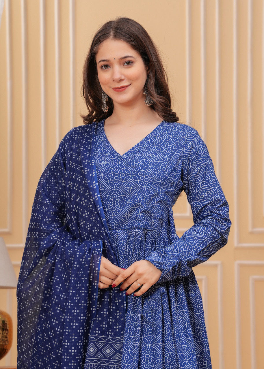 Women's Blue Rayon Printed Straight Kurta Set with Matching Dupatta