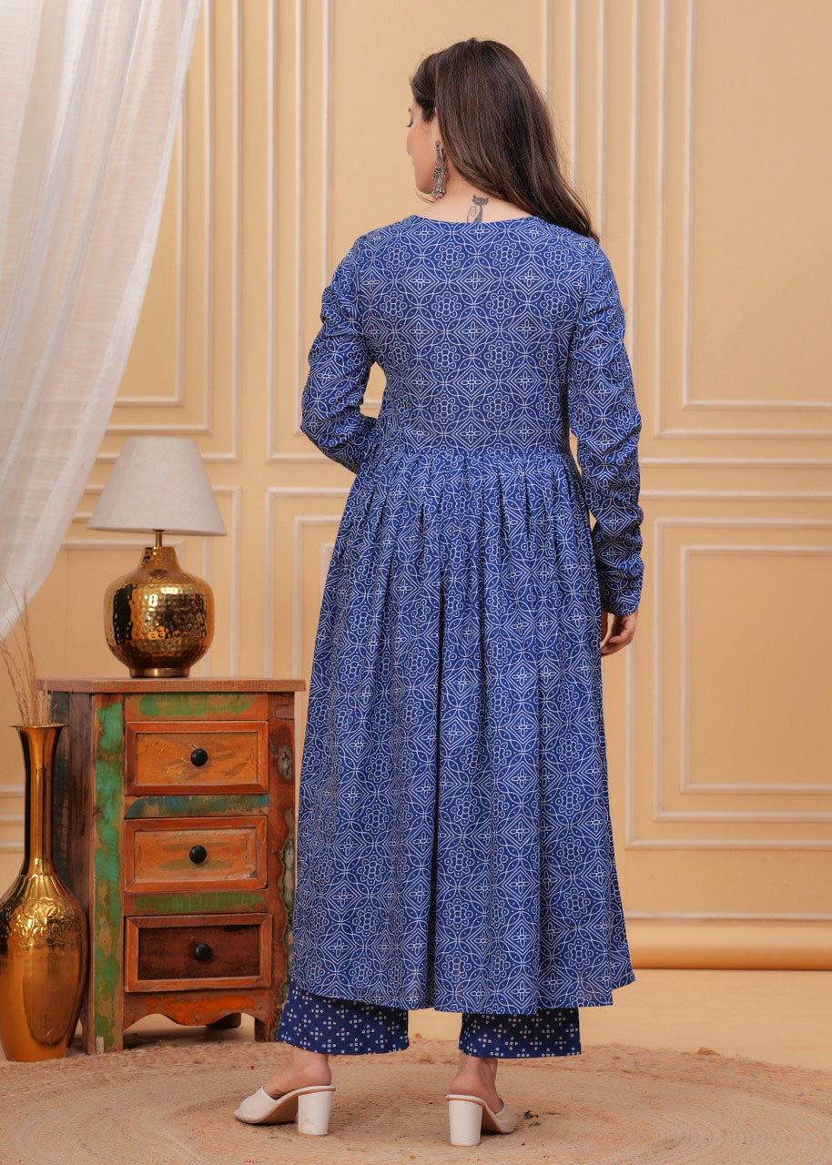 Women's Blue Rayon Printed Straight Kurta Set with Matching Dupatta