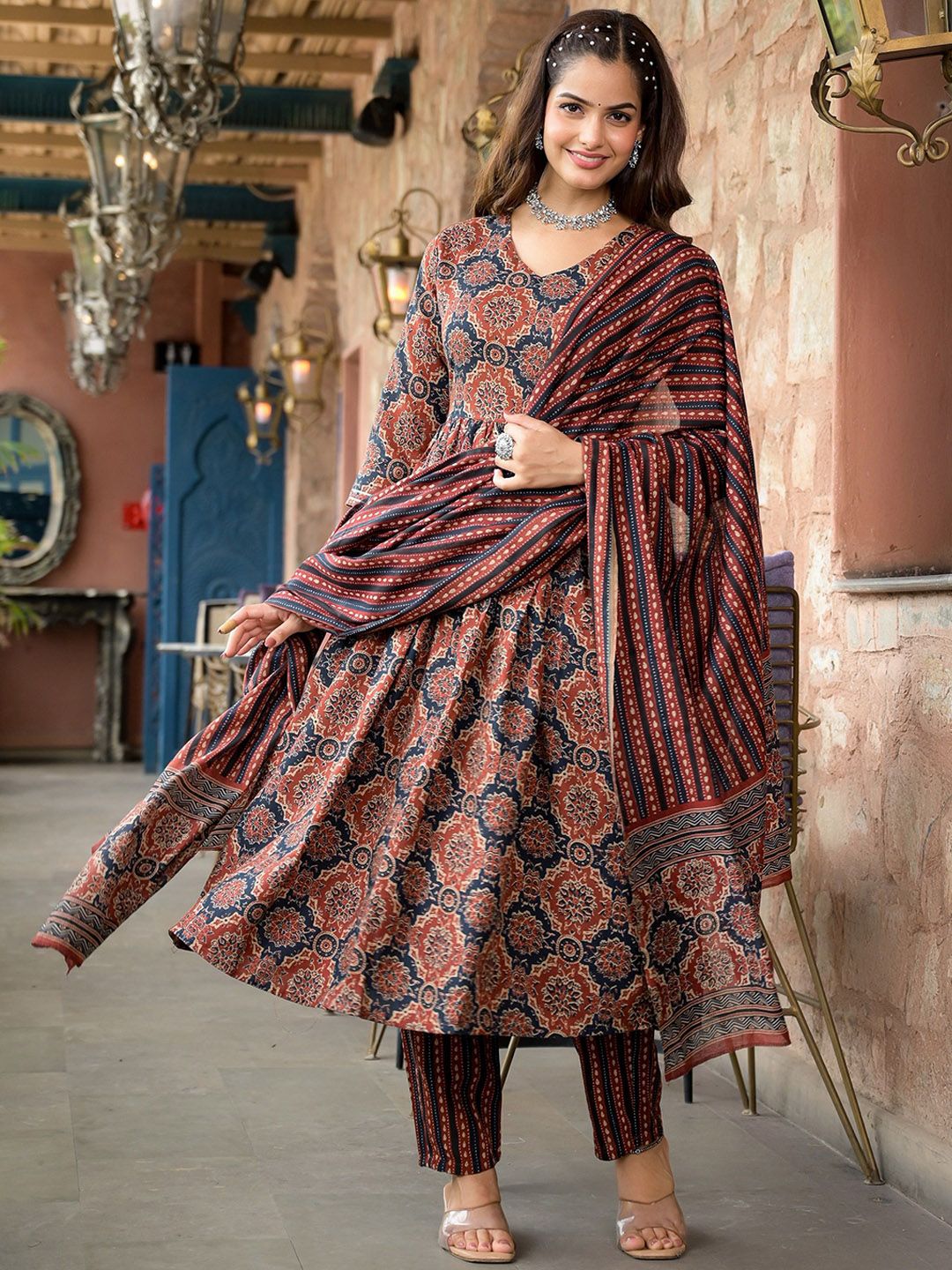 Maroon Rayon Printed Designer Kurta Set with Dupatta