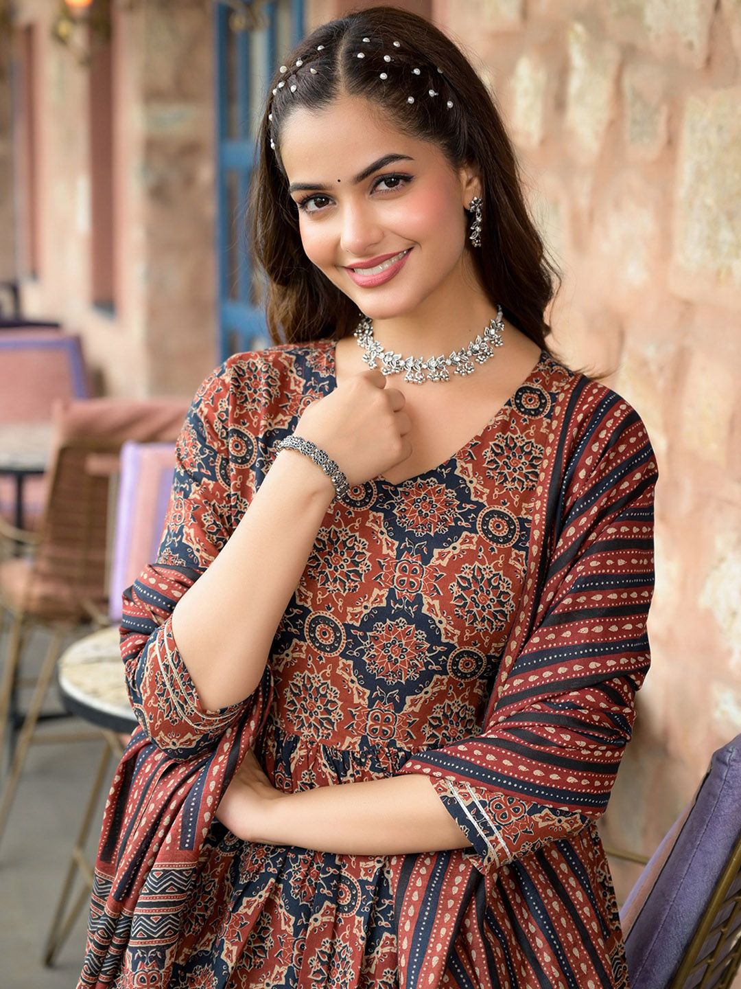 Maroon Rayon Printed Designer Kurta Set with Dupatta