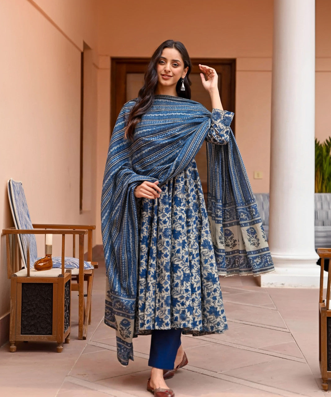 Women's Navy Blue Rayon Printed Kurta Set with Matching Dupatta