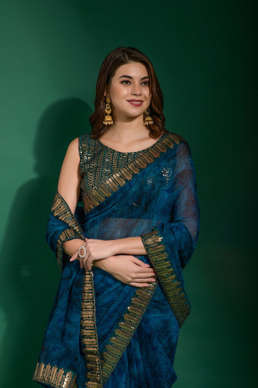 Morpich Chiffon Saree with Sequence Embroidery and Blouse