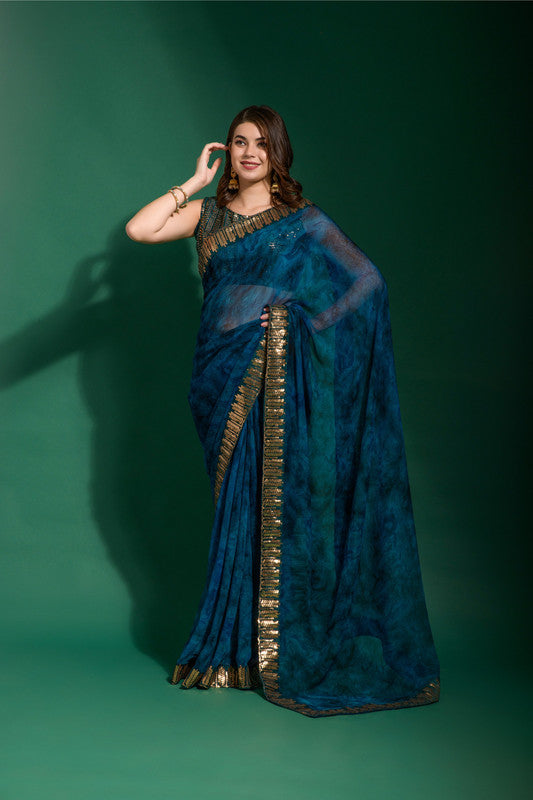 Morpich chiffon saree with beautiful sequence embroidery and blouse