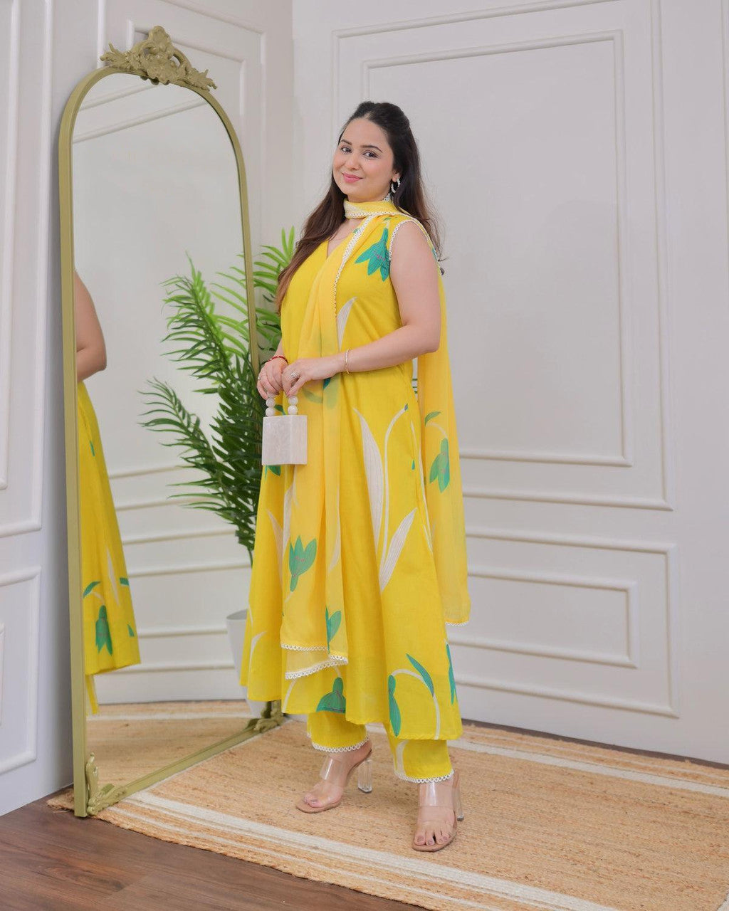 Yellow Rayon Printed Designer Kurta Set with Dupatta for Women