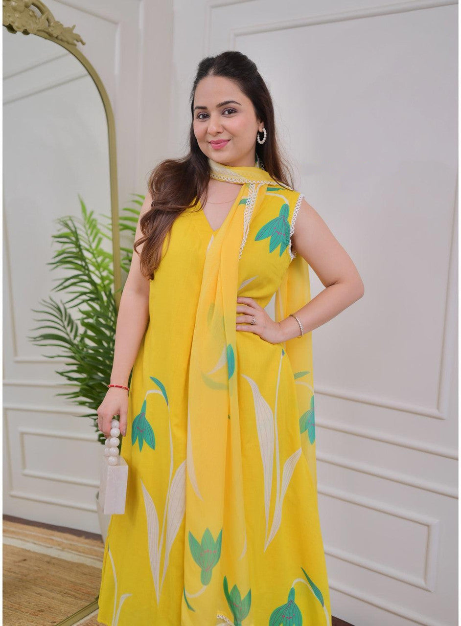 Yellow Rayon Printed Designer Kurta Set with Dupatta for Women