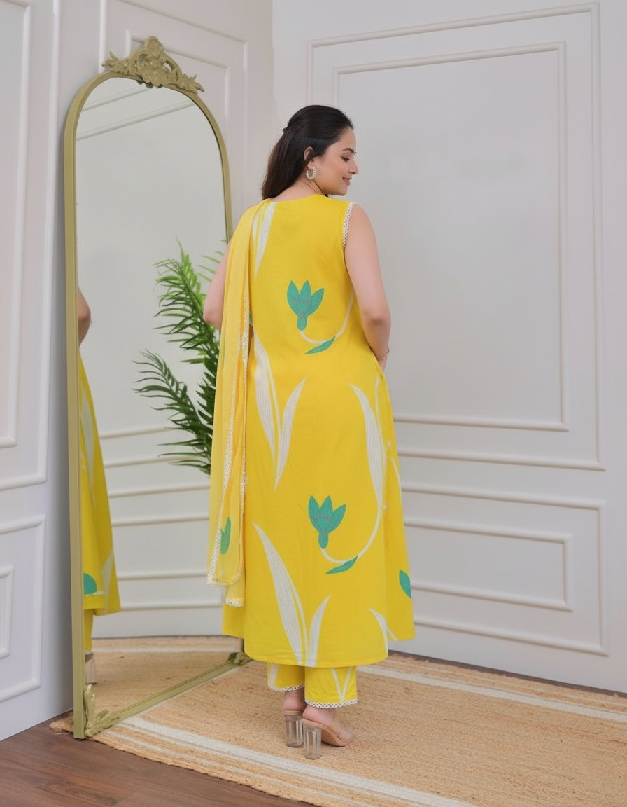 Yellow Rayon Printed Designer Kurta Set with Dupatta for Women