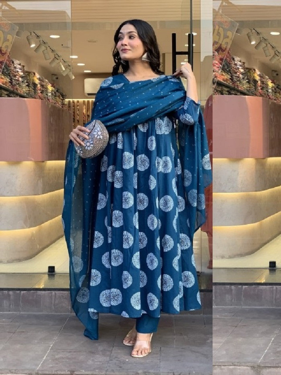 Teal and White Rayon Embroidered Geometric Kurta Set with Dupatta