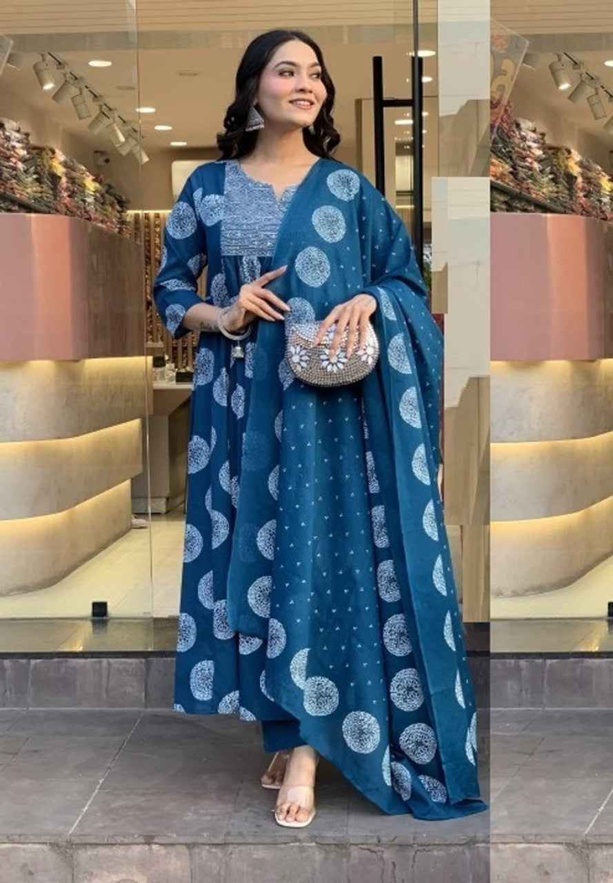 Teal and White Rayon Embroidered Geometric Kurta Set with Dupatta