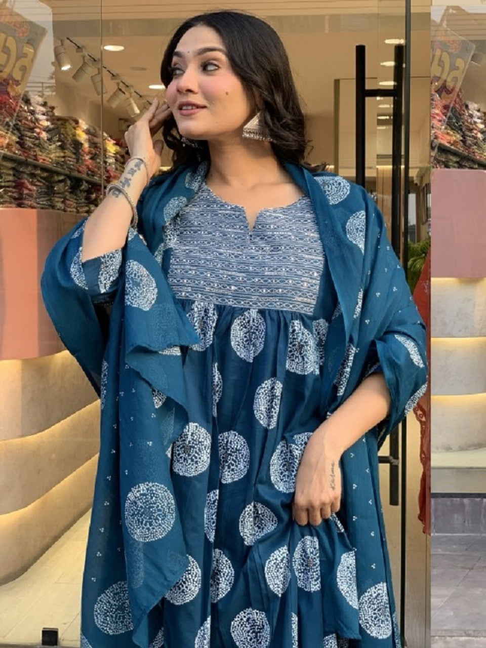 Teal and White Rayon Embroidered Geometric Kurta Set with Dupatta
