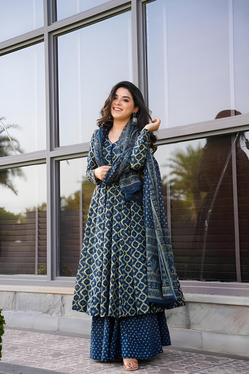 Navy Blue Rayon Printed Designer Kurta Set with Dupatta