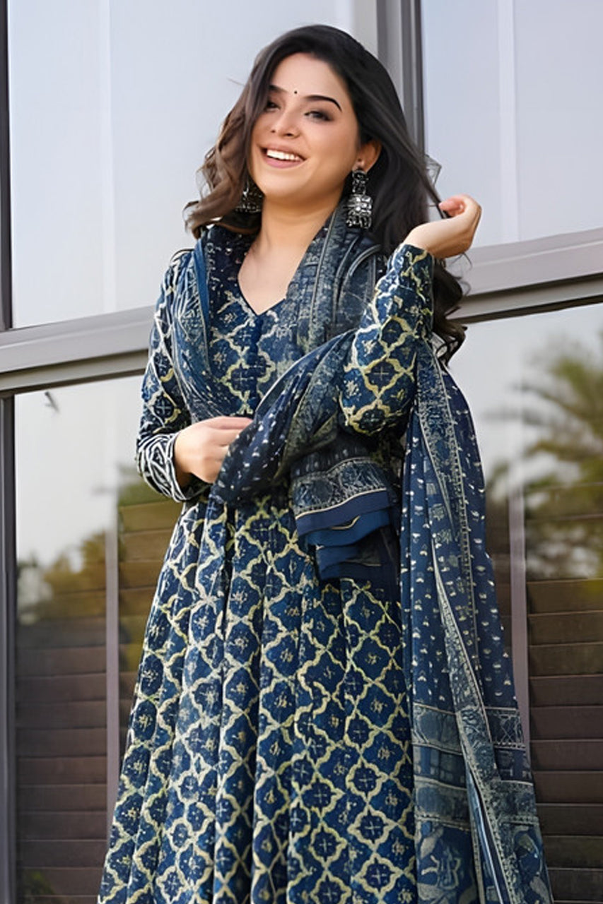 Navy Blue Rayon Printed Designer Kurta Set with Dupatta
