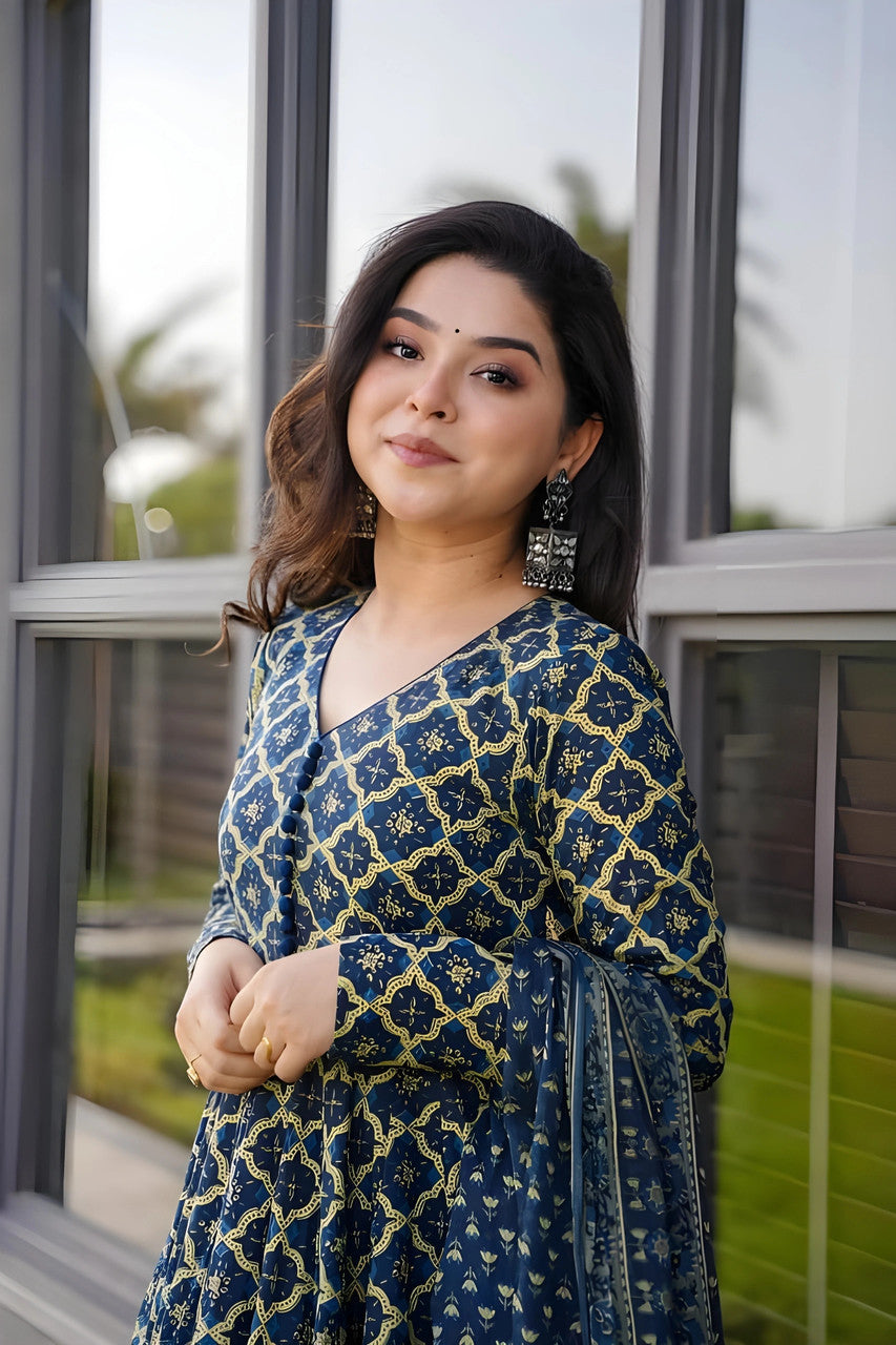 Navy Blue Rayon Printed Designer Kurta Set with Dupatta