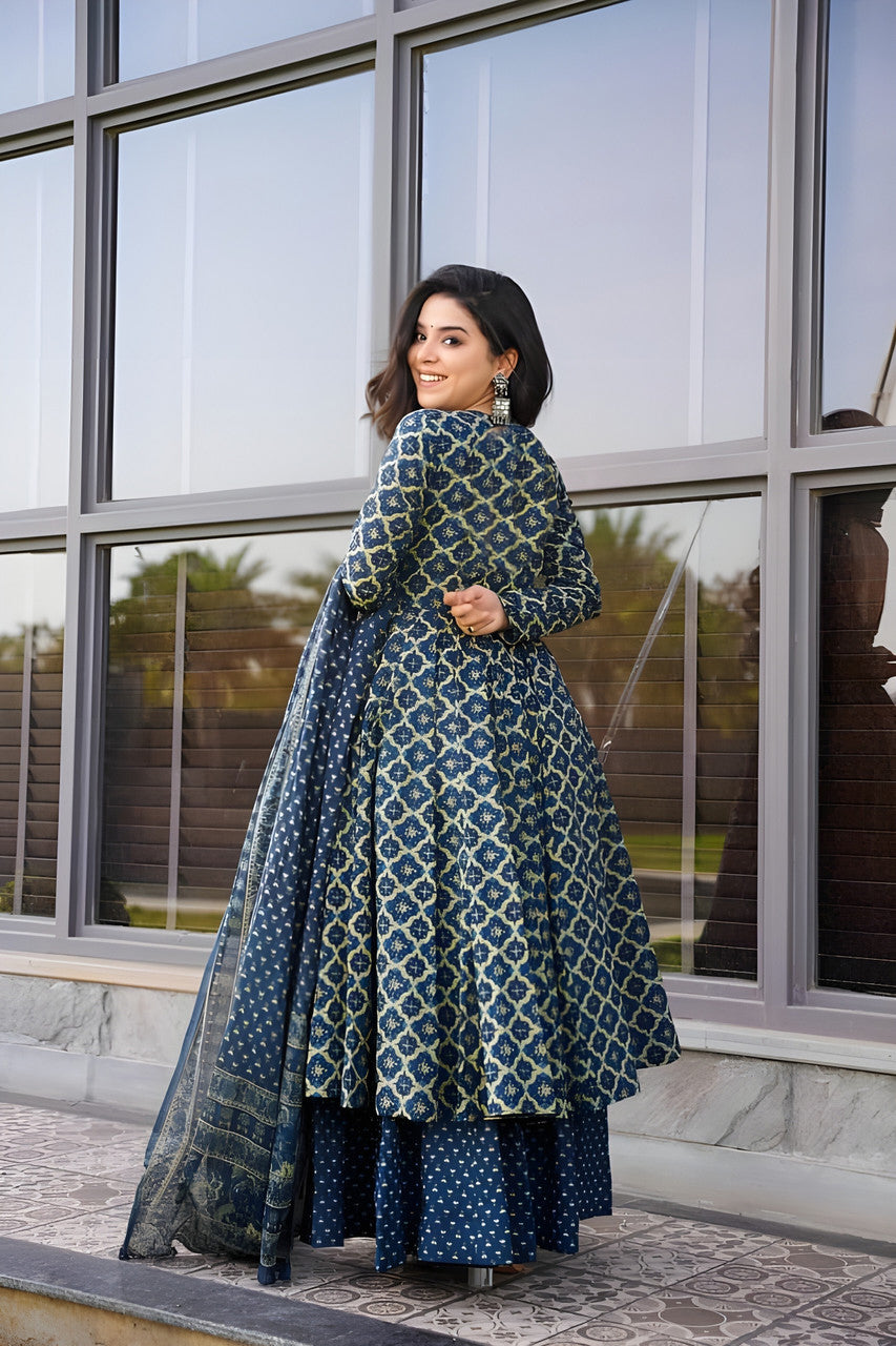 Navy Blue Rayon Printed Designer Kurta Set with Dupatta