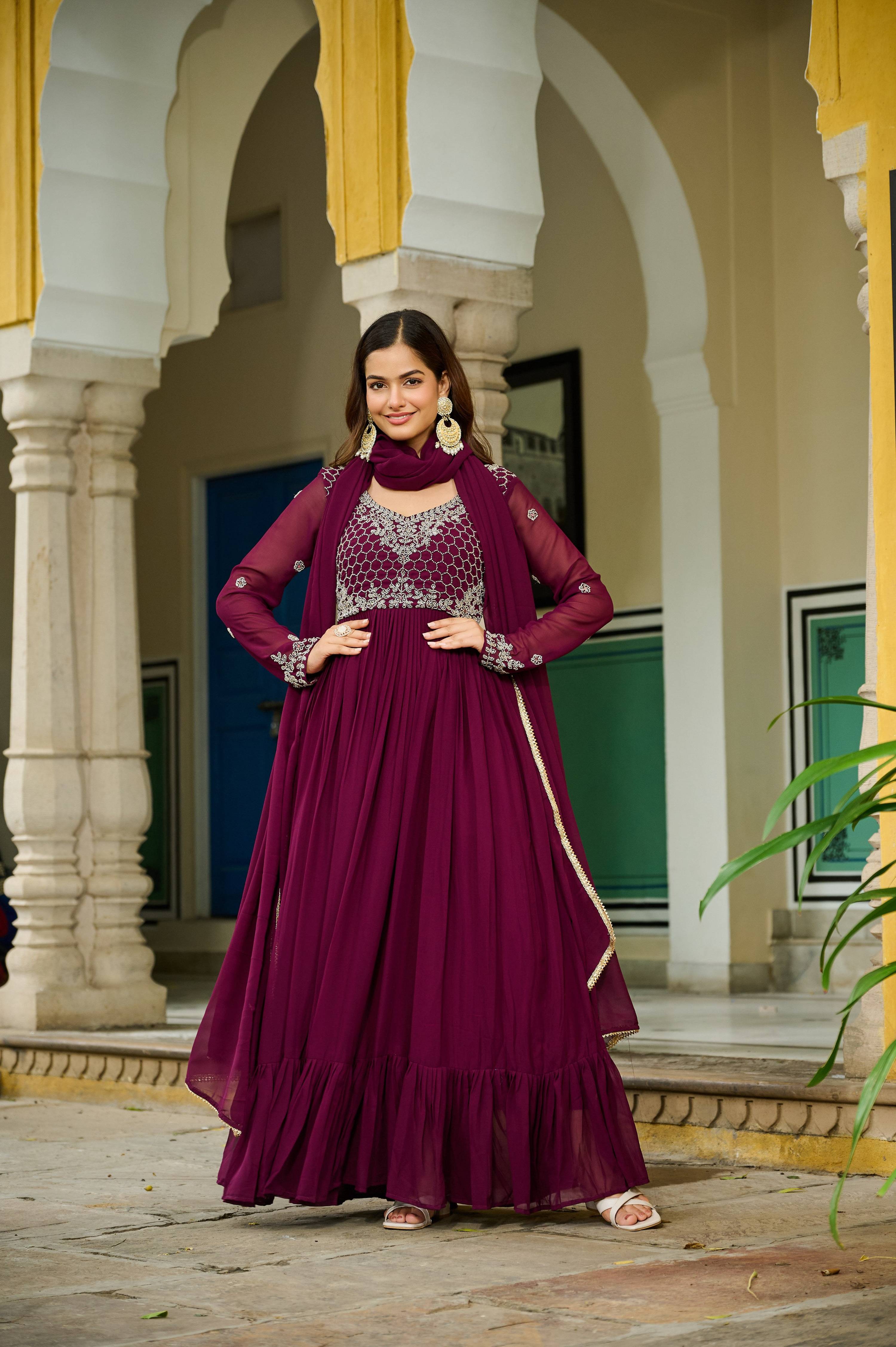 Wine colored Faux Blooming Anarkali set with detailed beads embroidery and matching dupatta