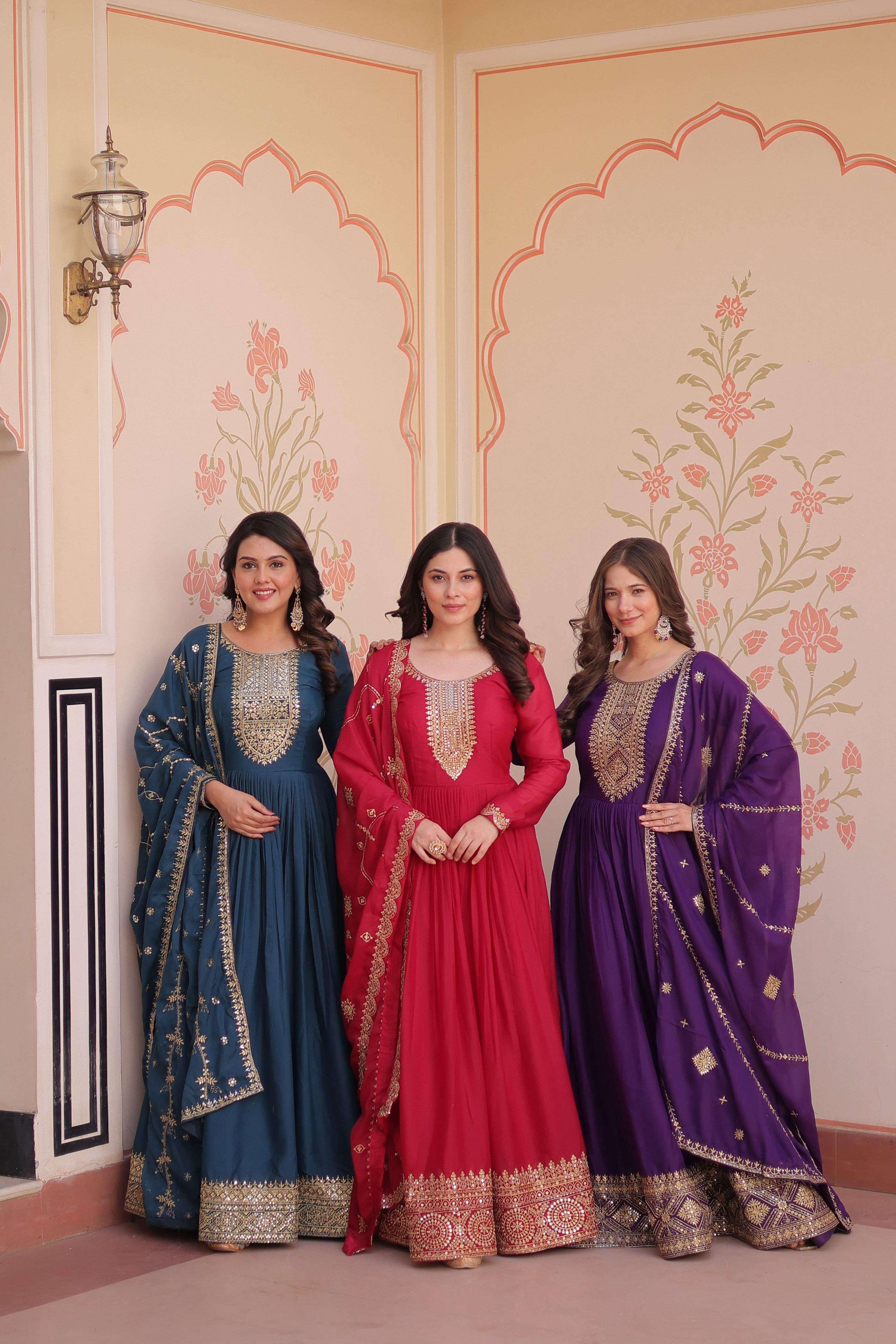 Jyoti Fashion Women's Rama, Pink & Purple Star Georgette Embroidered Combo Anarkali Set With Dupatta