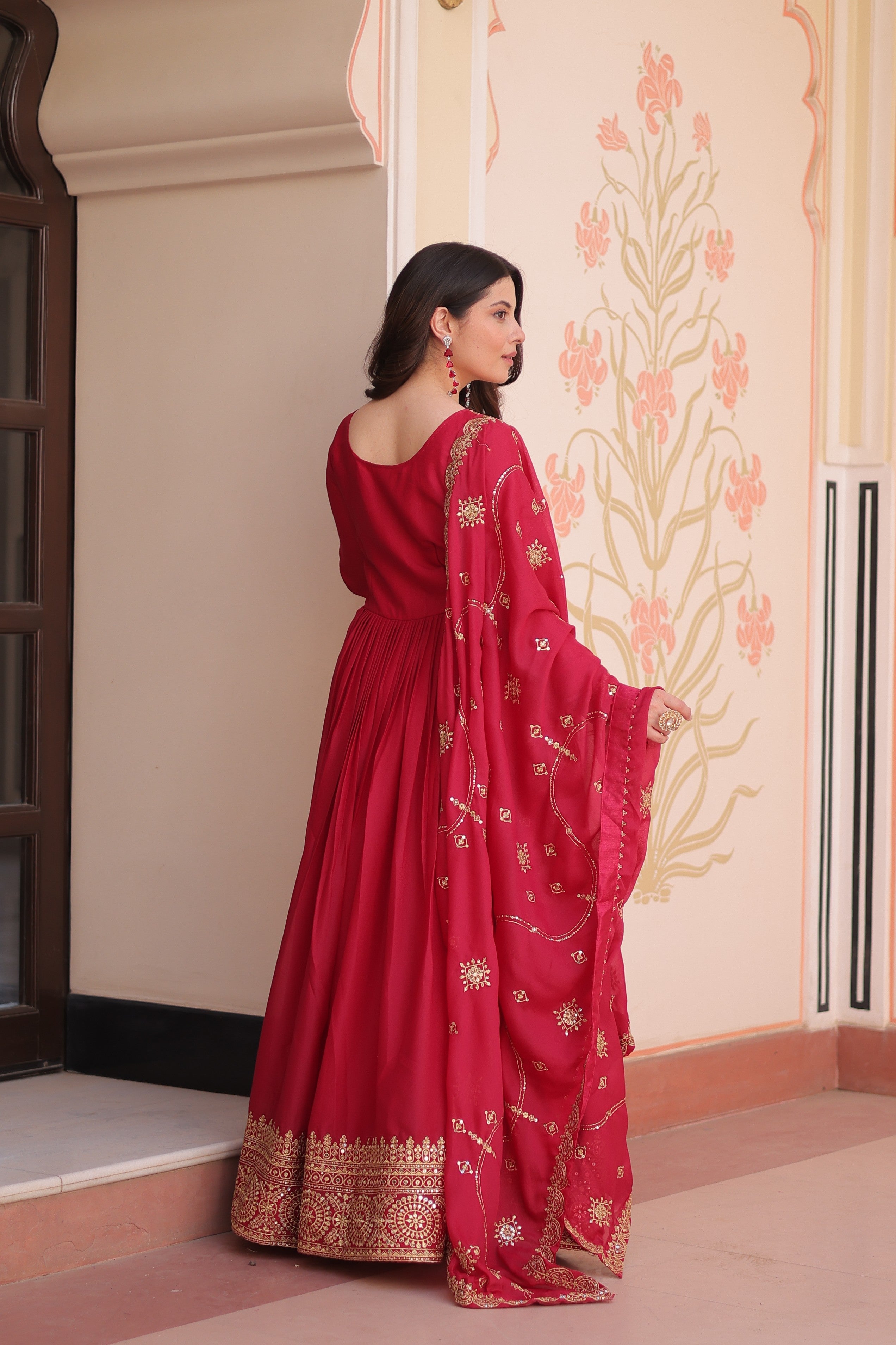 Jyoti Fashion Women's Pink Star Georgette Sequins Zari Embroidered Anarkali Set With Dupatta