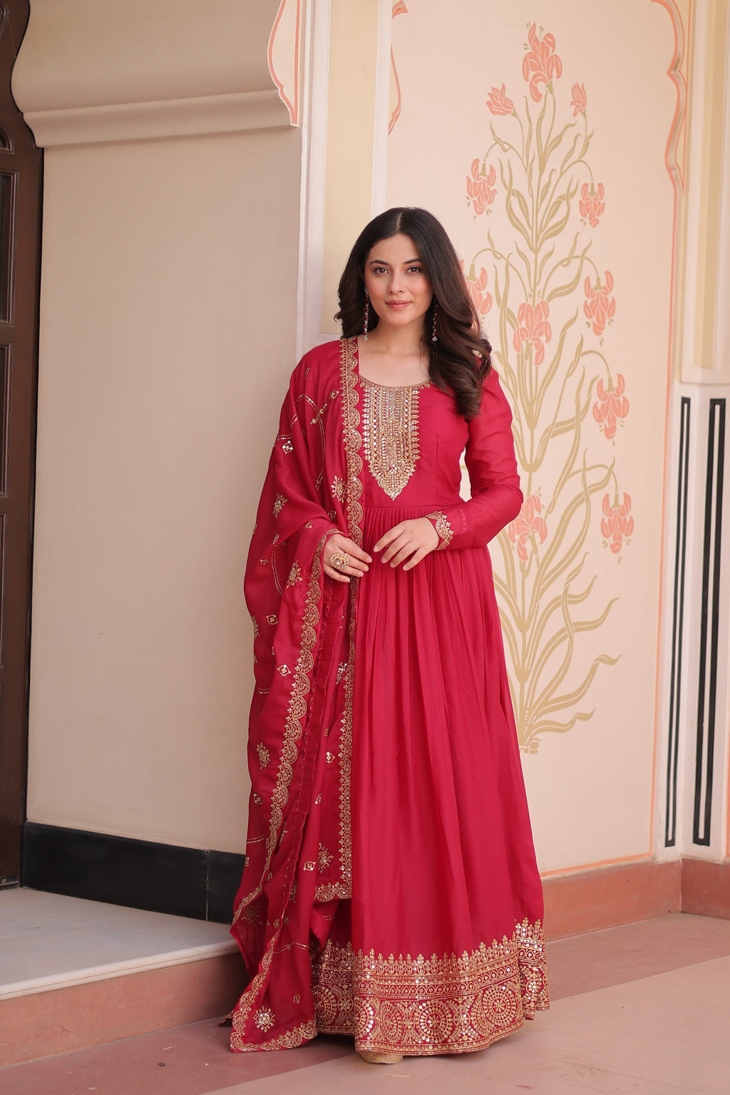 Jyoti Fashion Women's Pink Star Georgette Sequins Zari Embroidered Anarkali Set With Dupatta