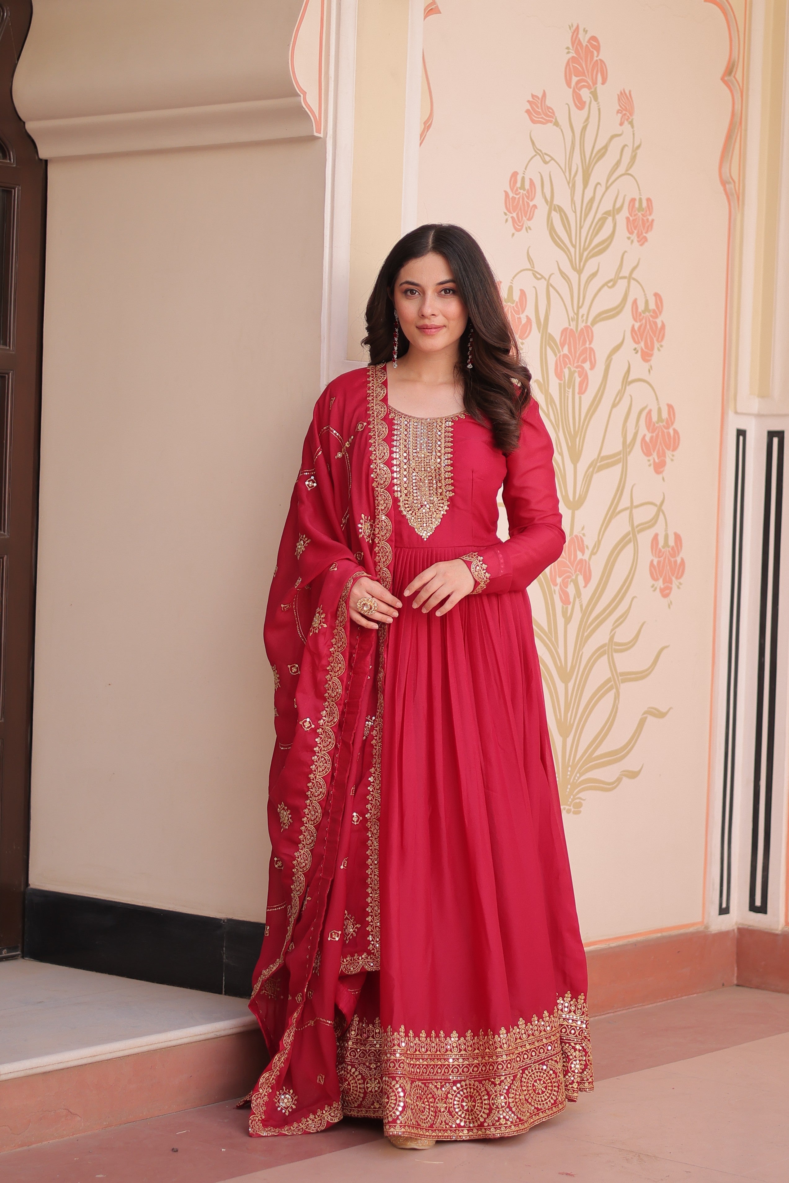 Jyoti Fashion Women's Pink Star Georgette Sequins Zari Embroidered Anarkali Set With Dupatta