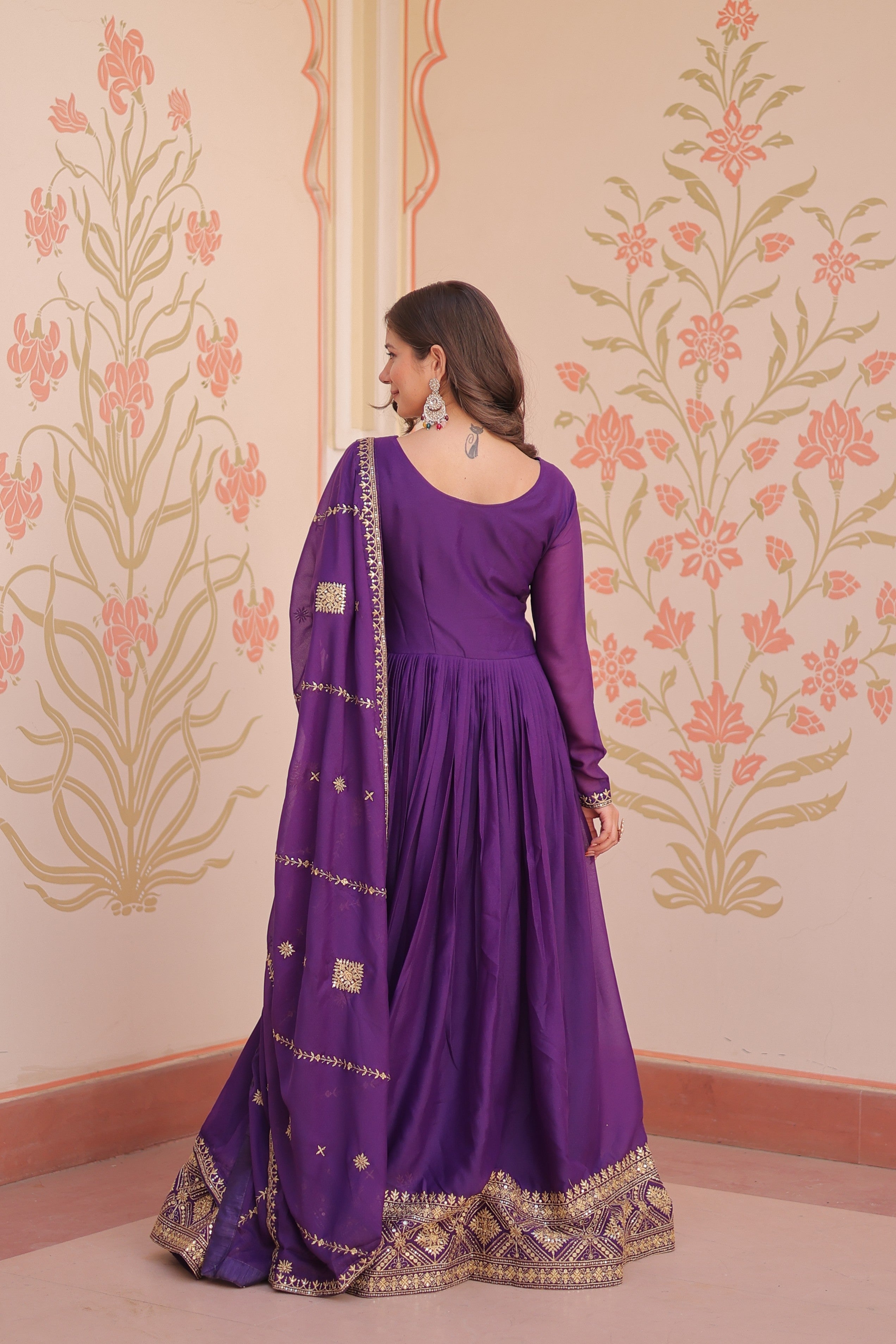 Jyoti Fashion Women's Purple Star Georgette Sequins Zari Embroidered Anarkali Set With Dupatta