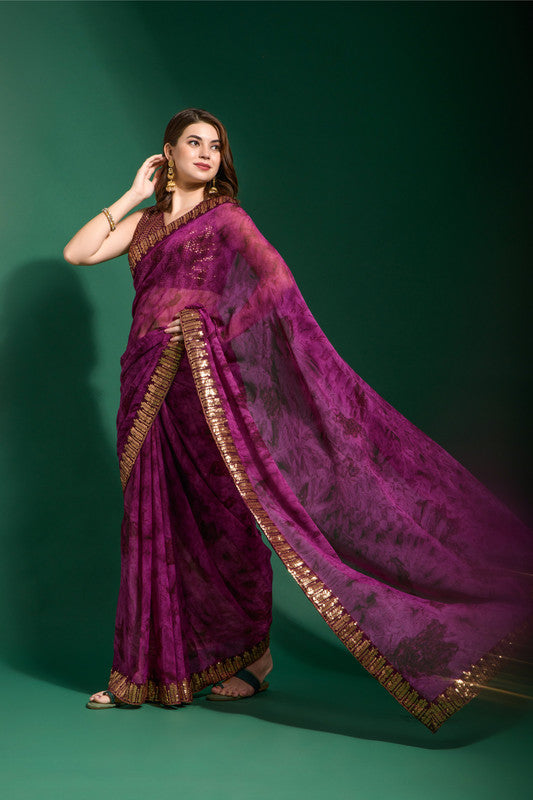 Wine Chiffon Saree with Sequence Embroidery and Blouse