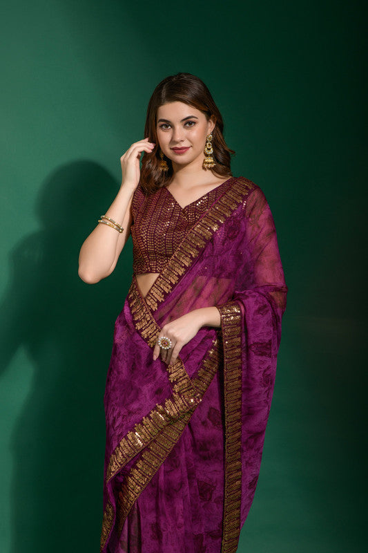 Wine Chiffon Saree with Sequence Embroidery and Blouse
