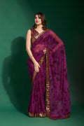 Wine-colored chiffon saree with intricate sequence embroidery and matching blouse