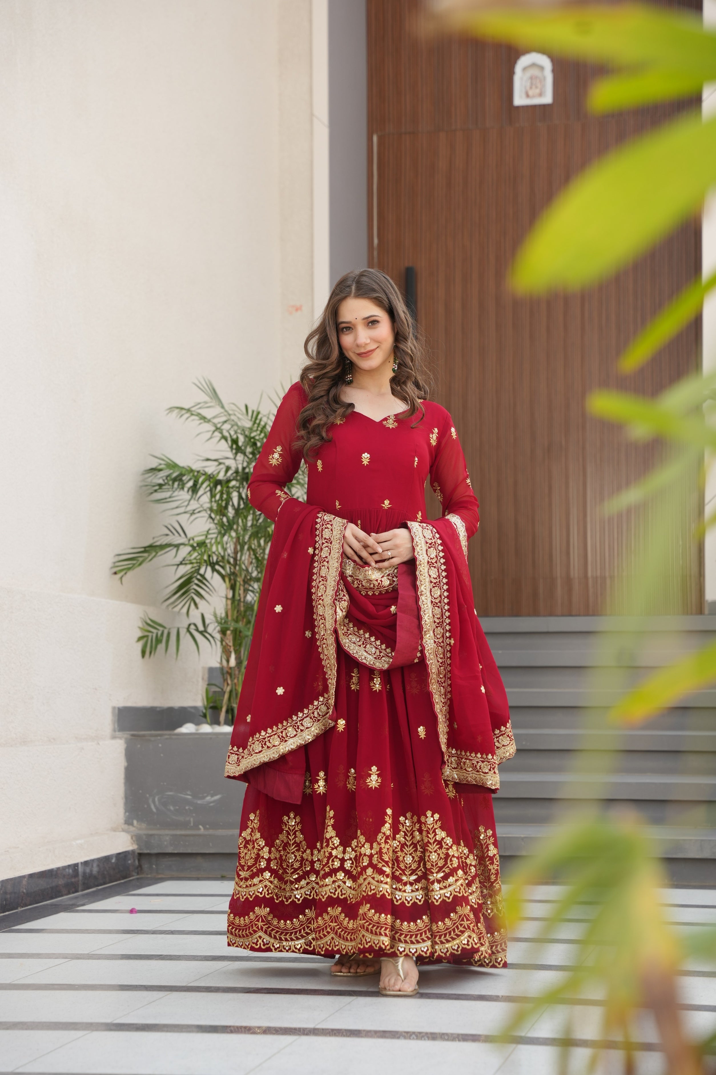 Maroon Faux Blooming Anarkali set with sequins and zari embroidery and dupatta