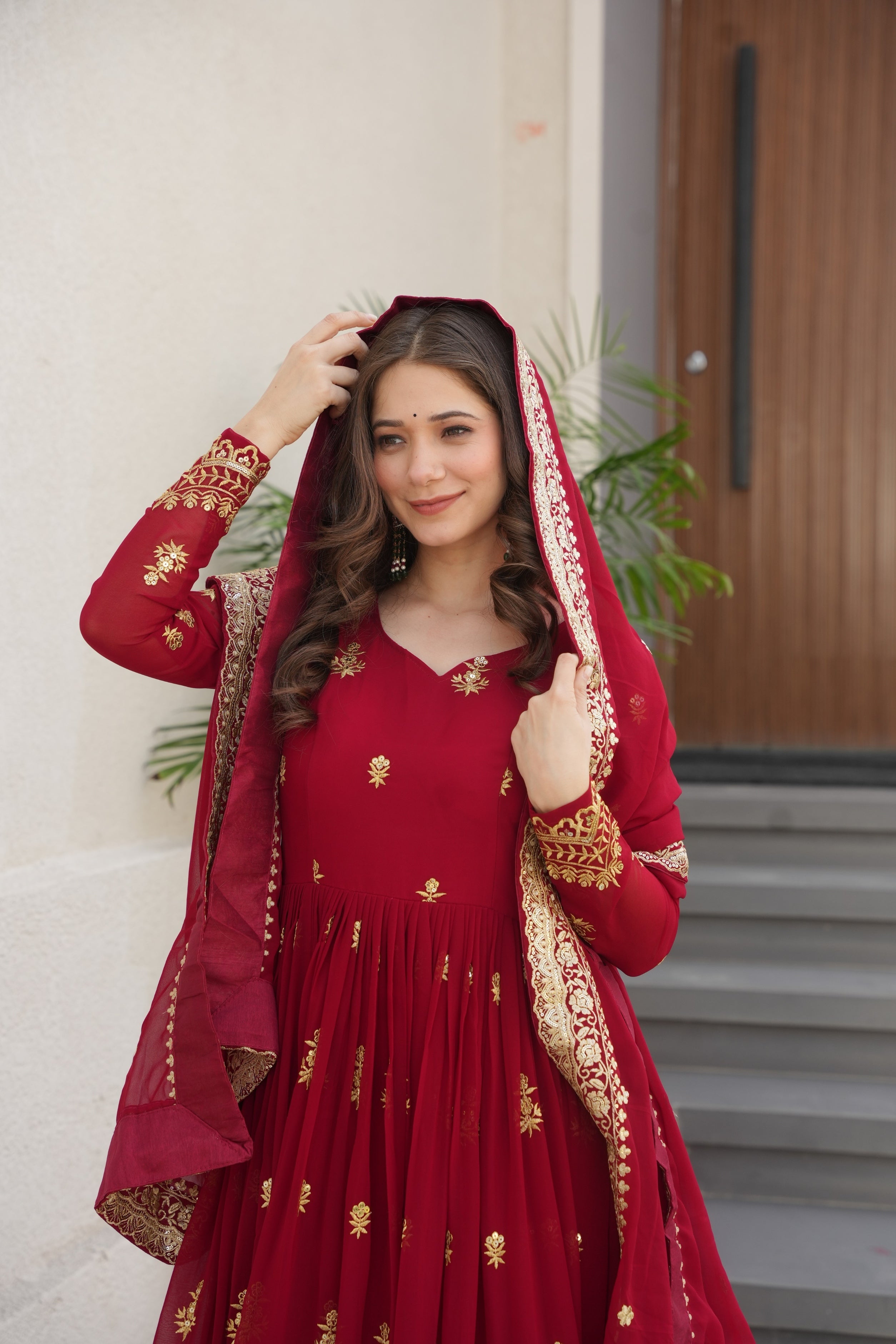 Maroon Faux Blooming Sequins Zari Embroidered Anarkali Set