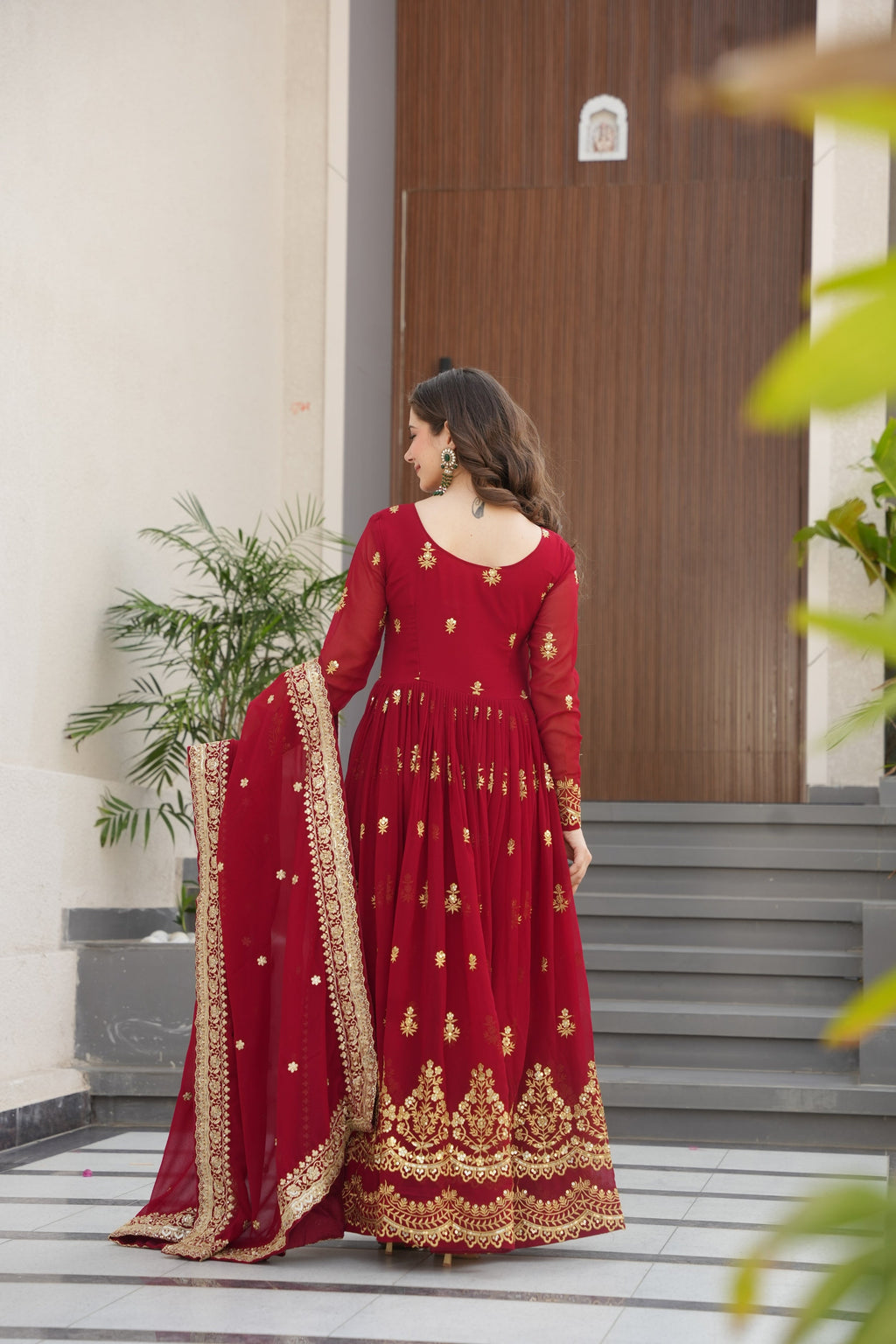Maroon Faux Blooming Anarkali Set with Sequins Zari Embroidery