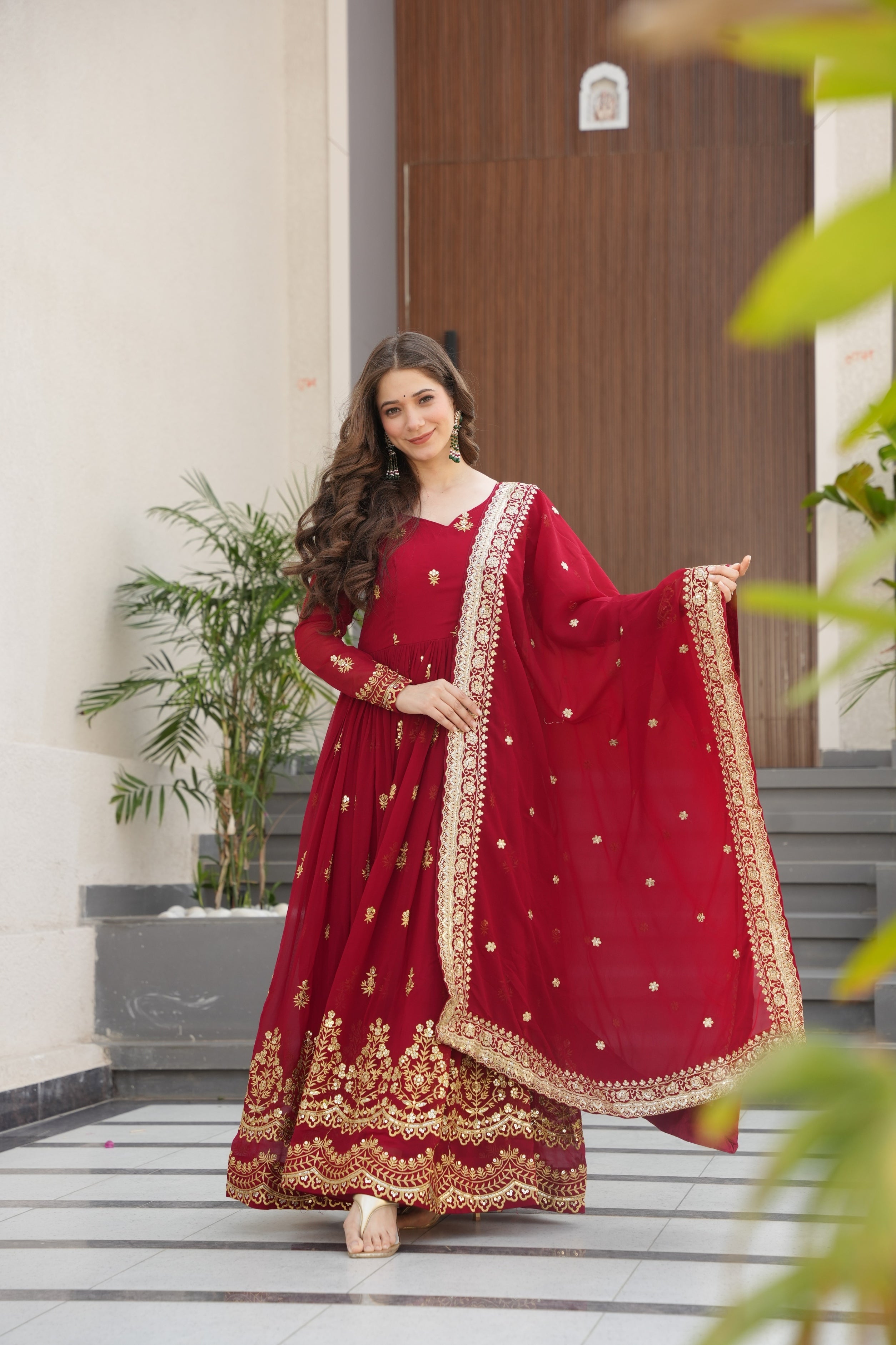 Maroon Faux Blooming Anarkali Set with Sequins Zari Embroidery