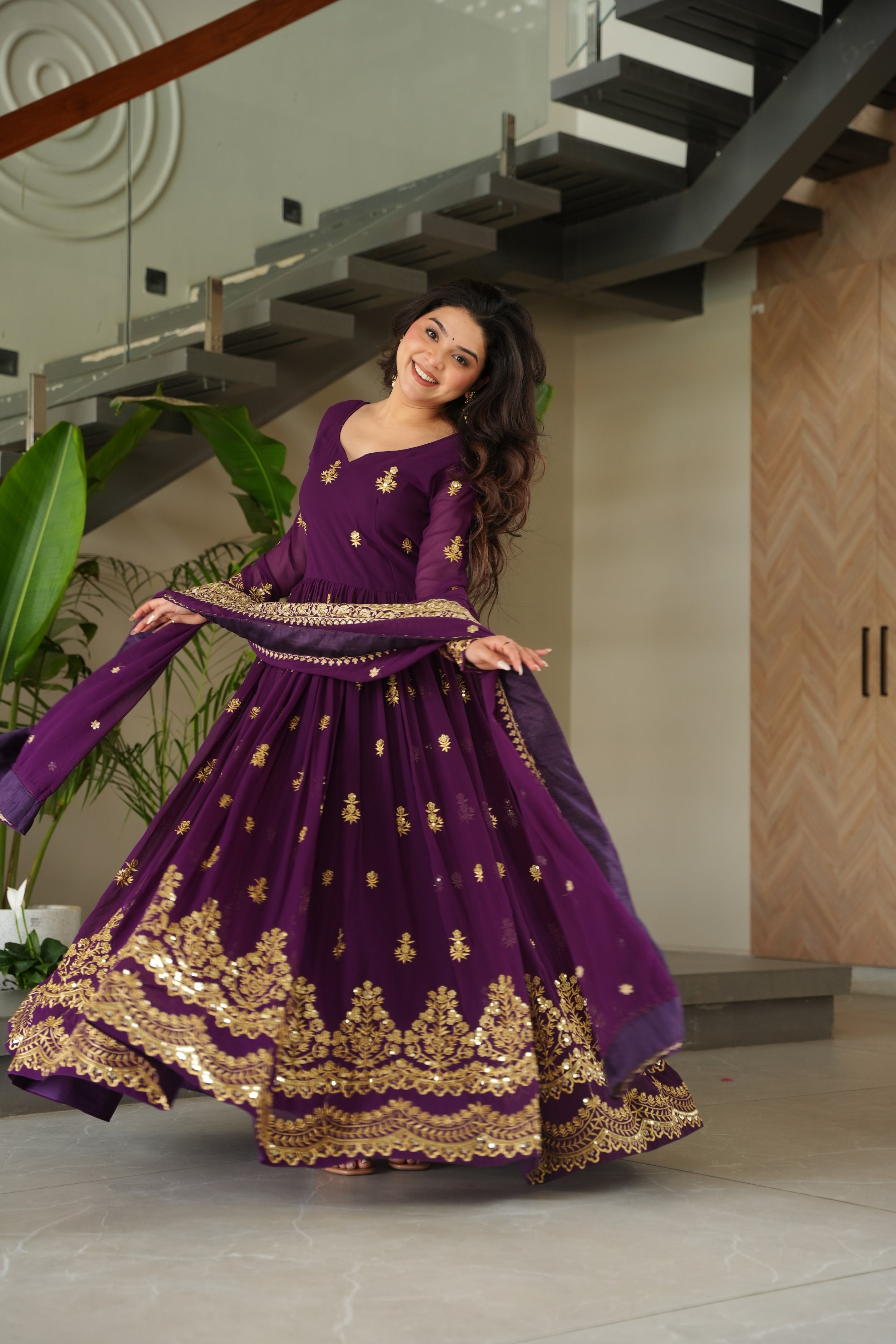 Purple Faux Blooming Anarkali Set with Sequins Zari Embroidery