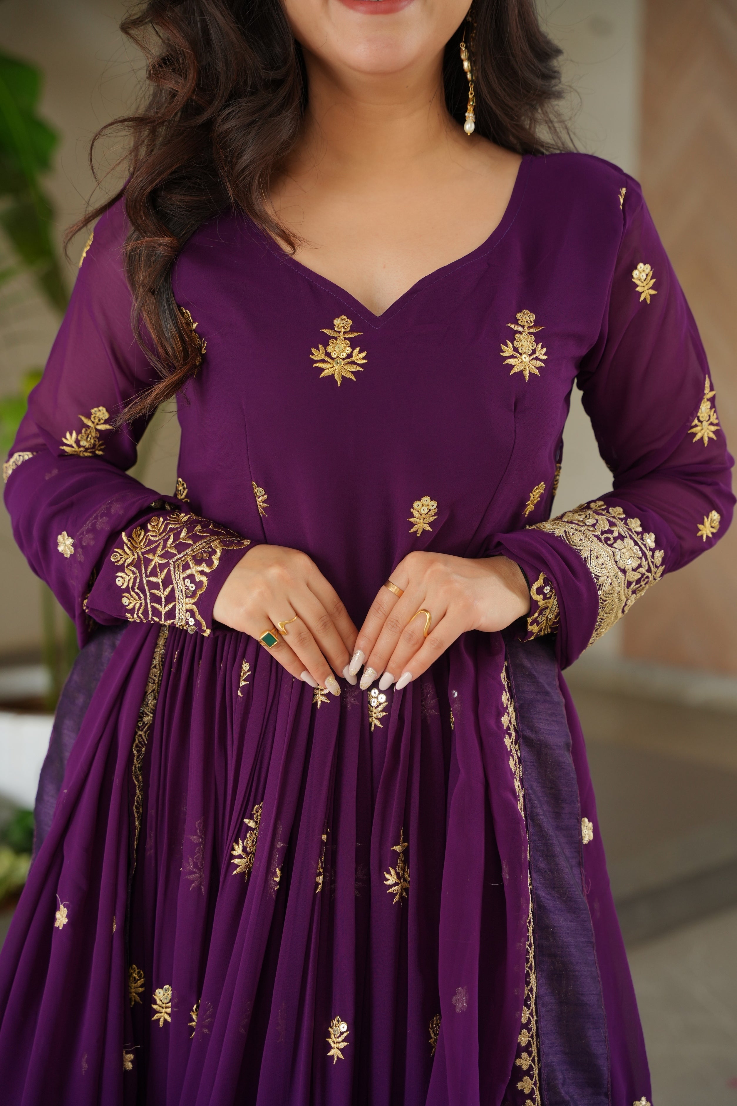 Purple Faux Blooming Anarkali Set with Sequins Zari Embroidery