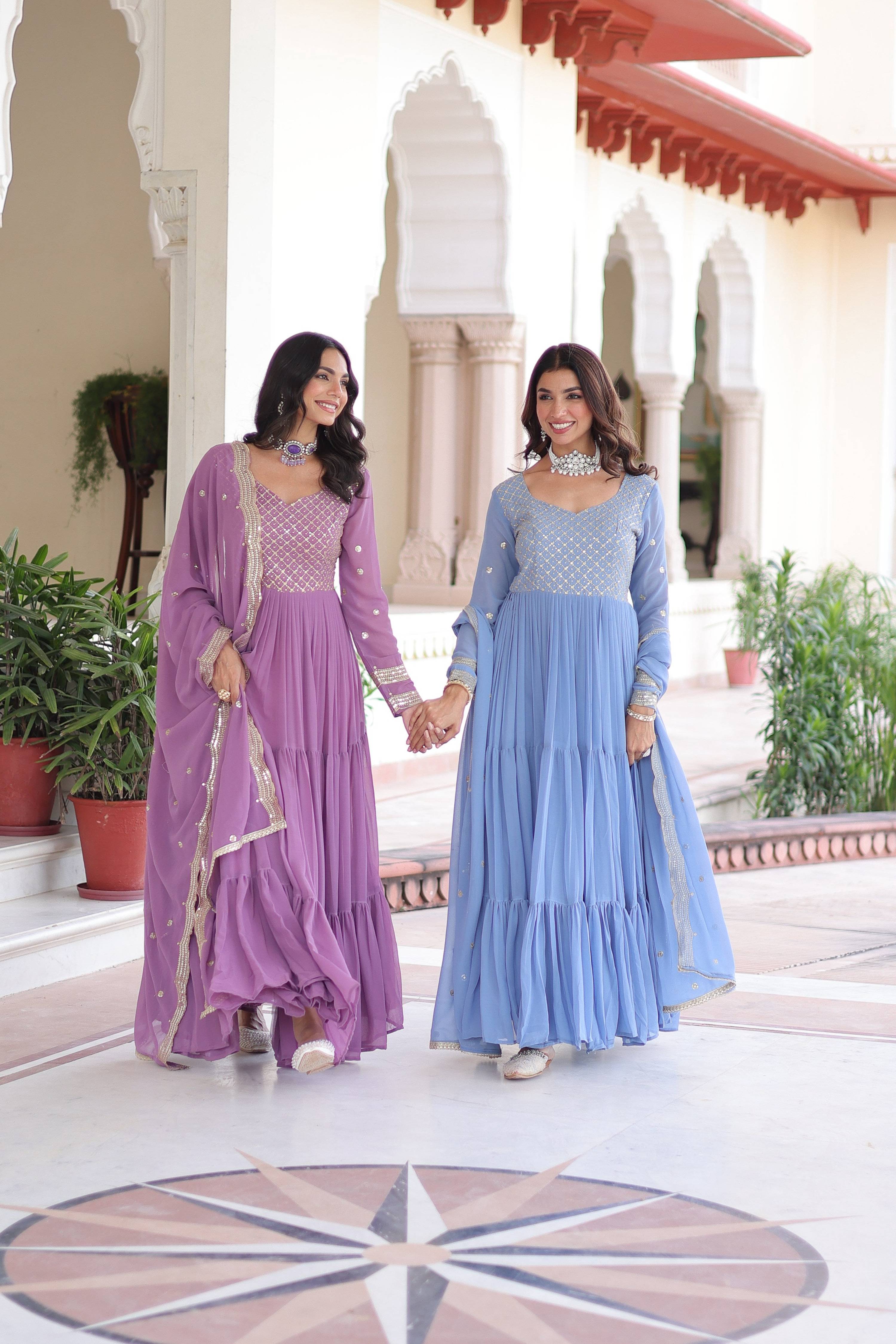 Purple and Sky Blue Faux Georgette Anarkali set with sequin and zari work
