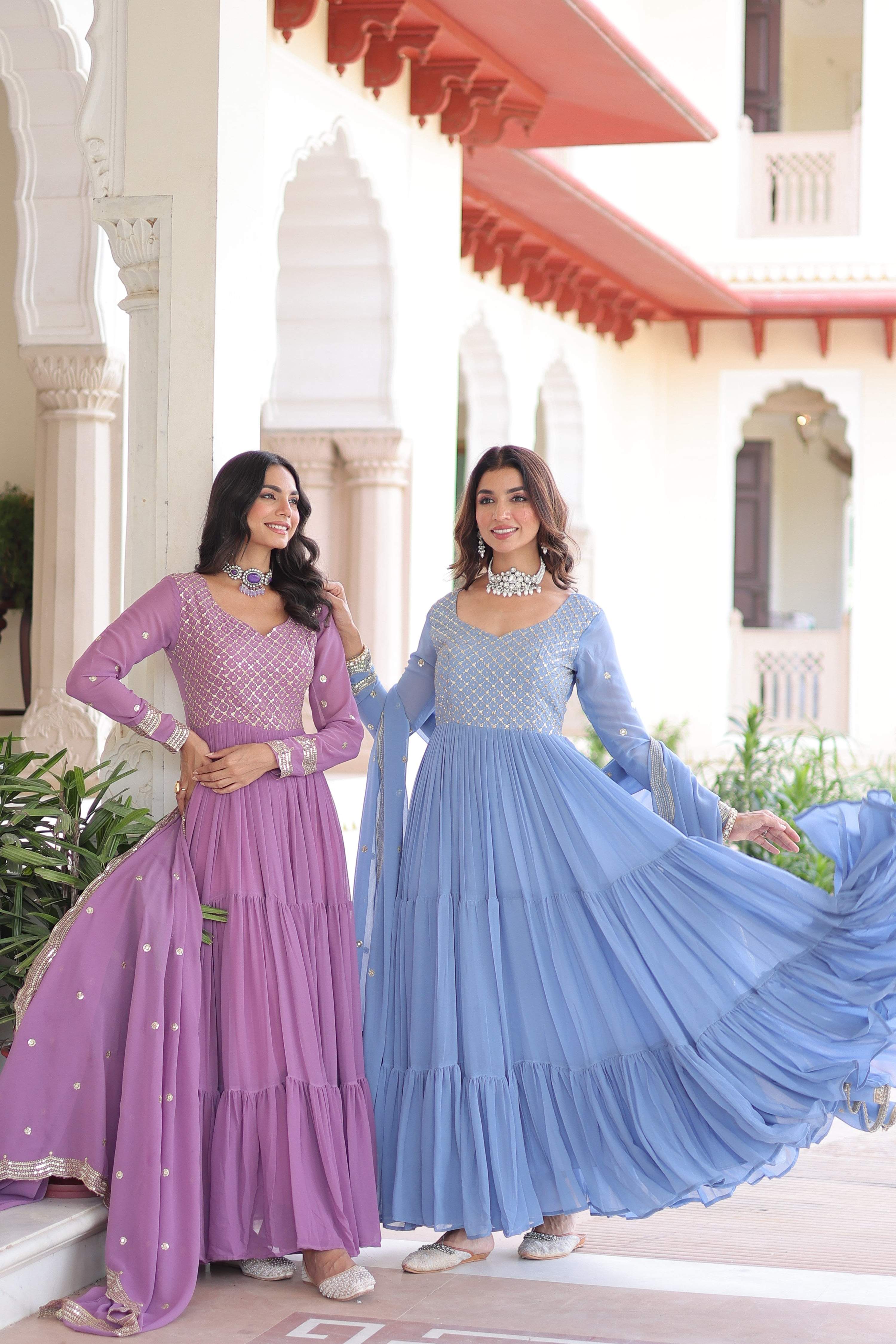 Purple & Sky Blue Faux Georgette Embroidered Anarkali Set