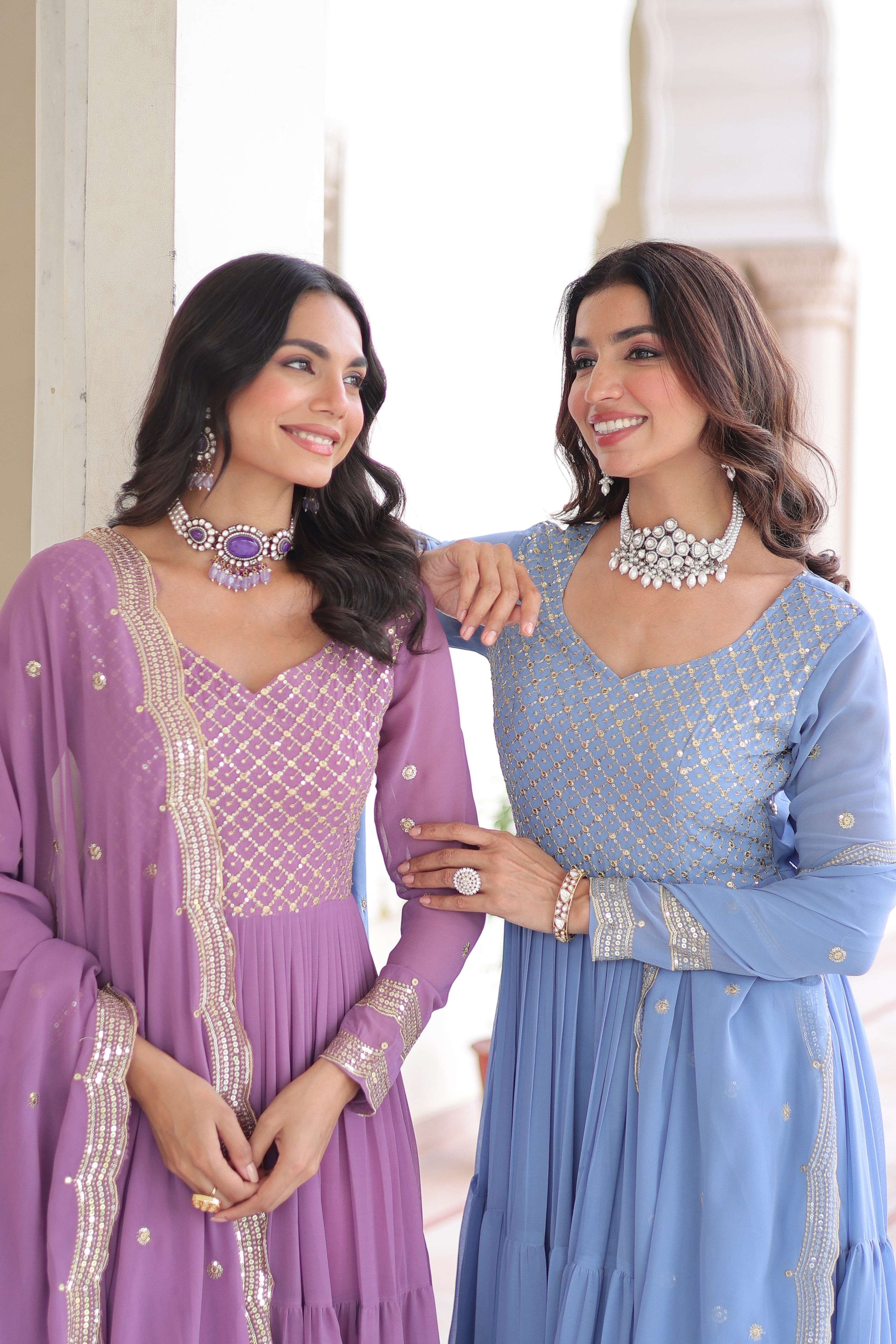 Purple & Sky Blue Faux Georgette Embroidered Anarkali Set
