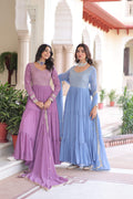 Jyoti Fashion Women's Purple & Sky Blue Faux Georgette Embroidered Combo Anarkali Set With Dupatta