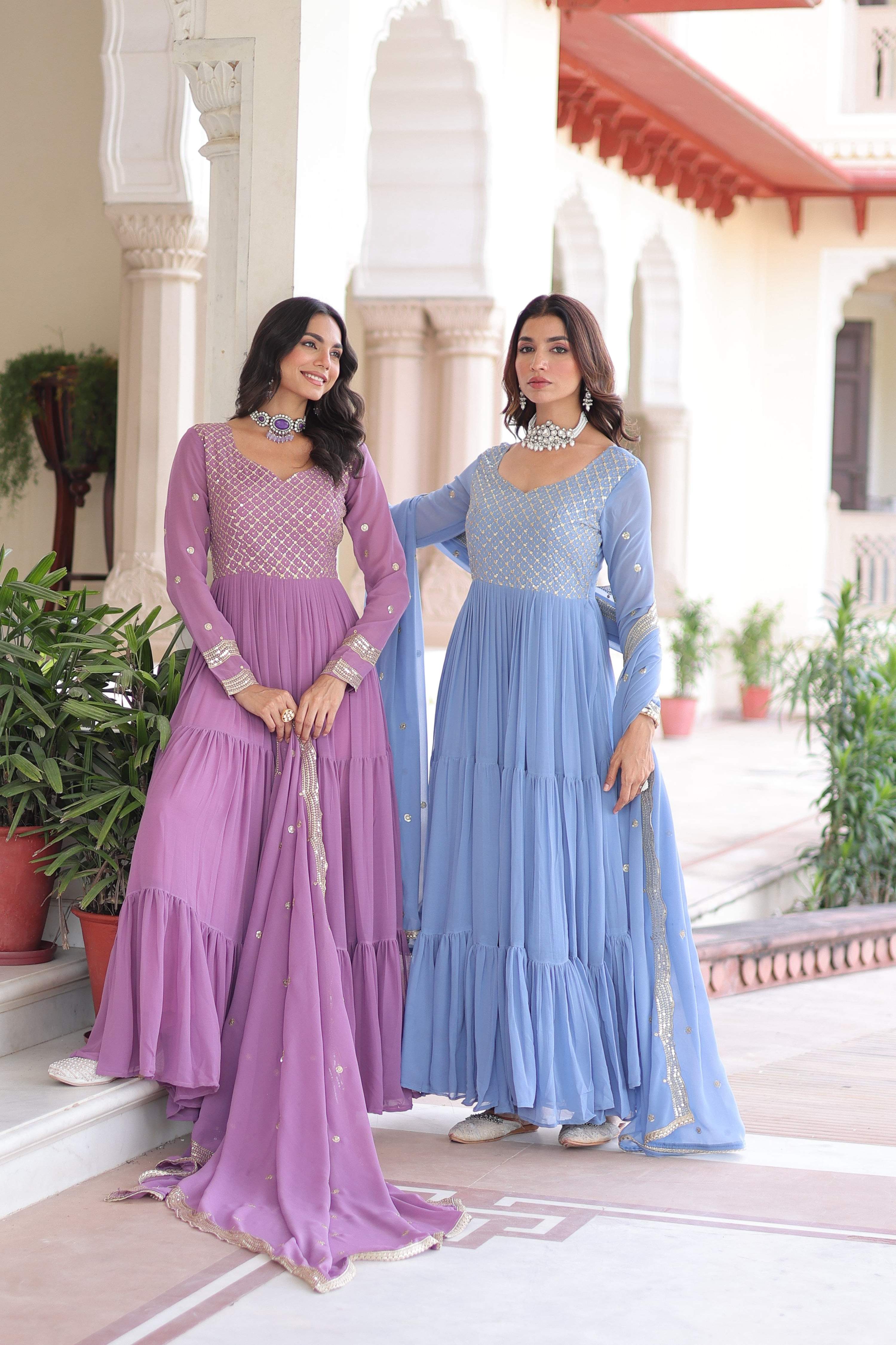 Jyoti Fashion Women's Purple & Sky Blue Faux Georgette Embroidered Combo Anarkali Set With Dupatta