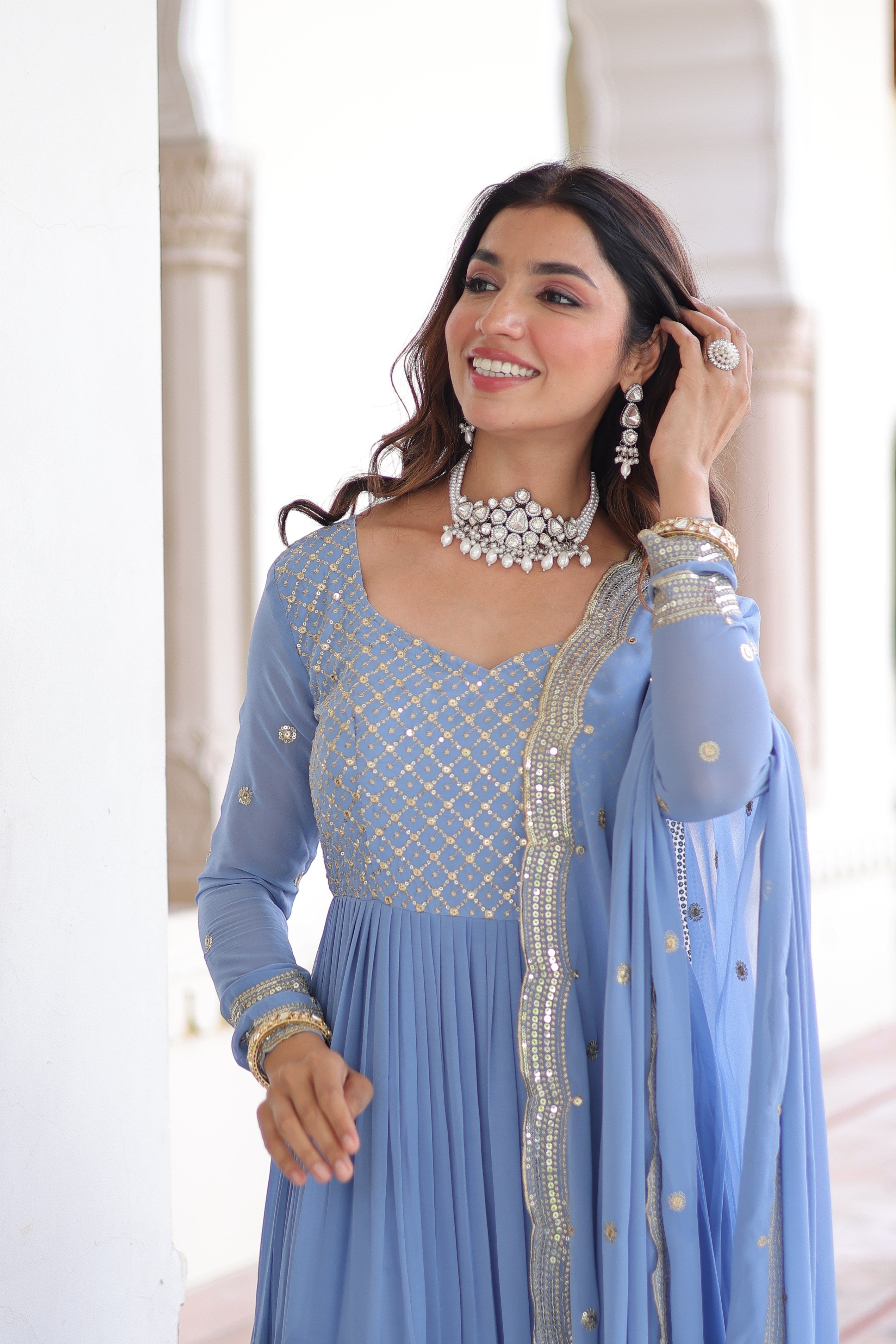 Sky Blue Faux Georgette Anarkali Set with Sequins Zari Embroidery