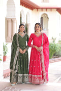 Jyoti Fashion Women's Green & Pink Vichitra Silk Embroidered Combo Anarkali Set With Dupatta